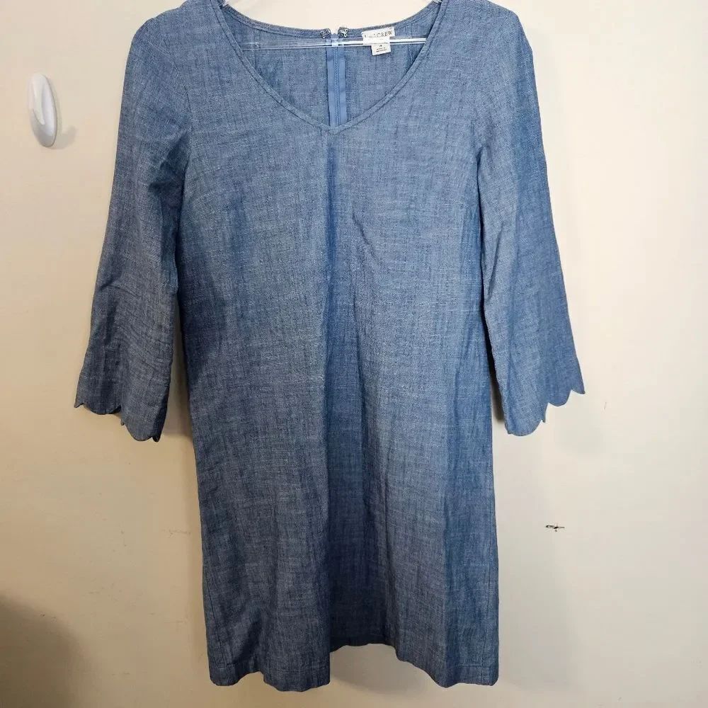 J Crew L0525 Woman Chambray Dress w/Scalloped Sleeves L0525 Preppy Size 4